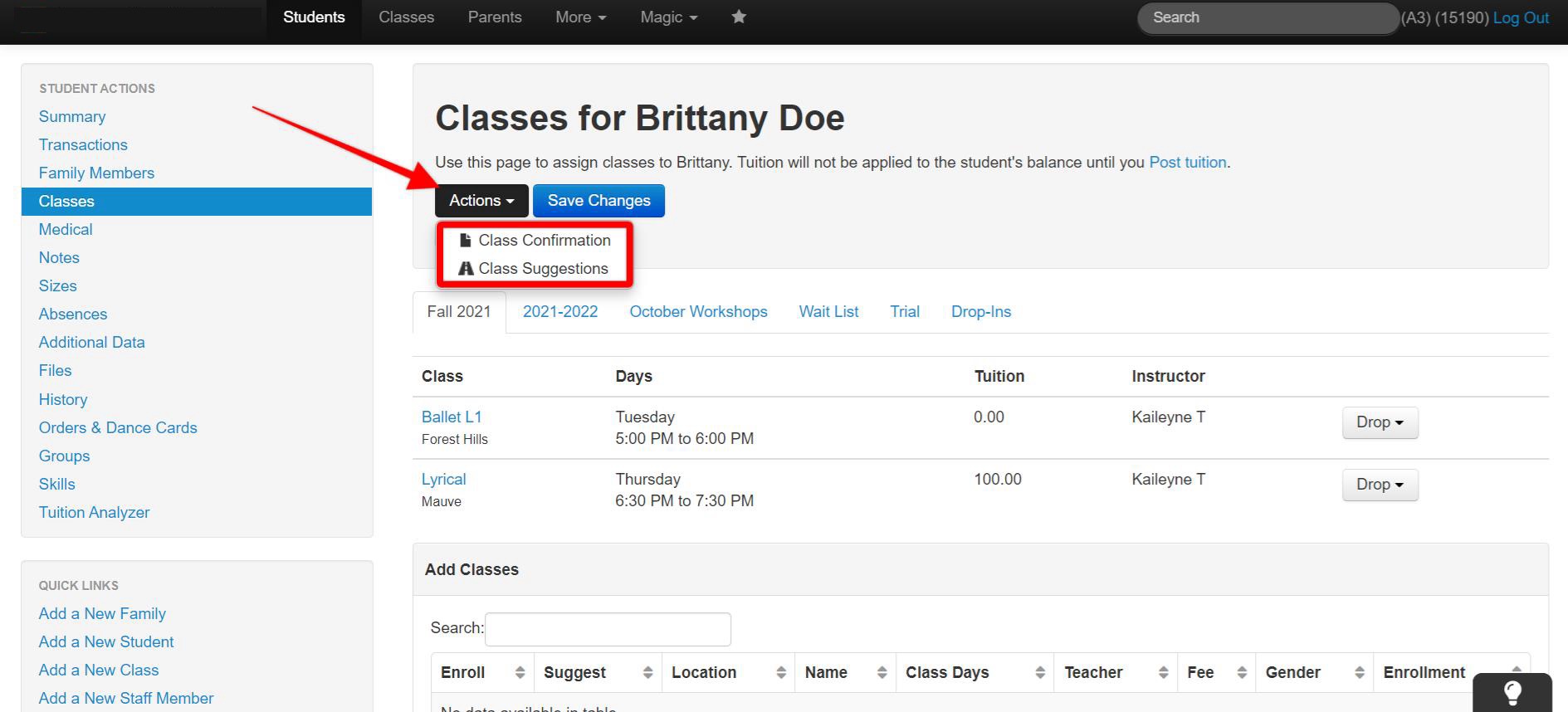 Class enrollment page interface.