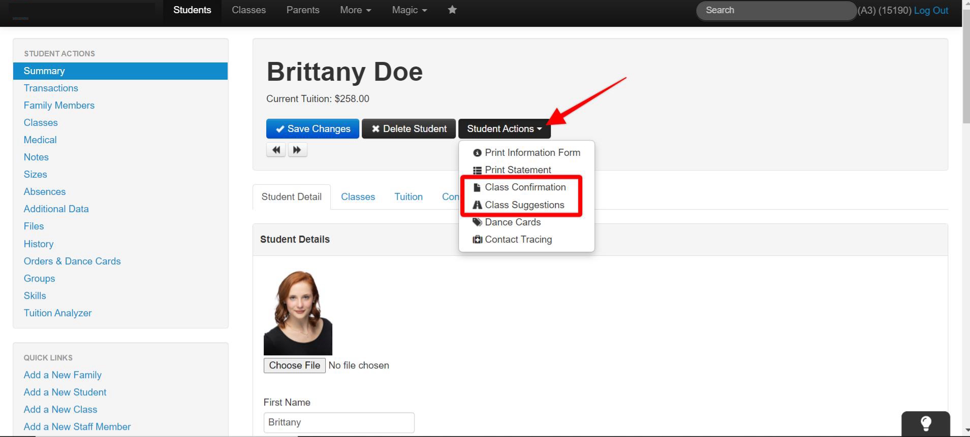 Student profile page with dropdown menu.