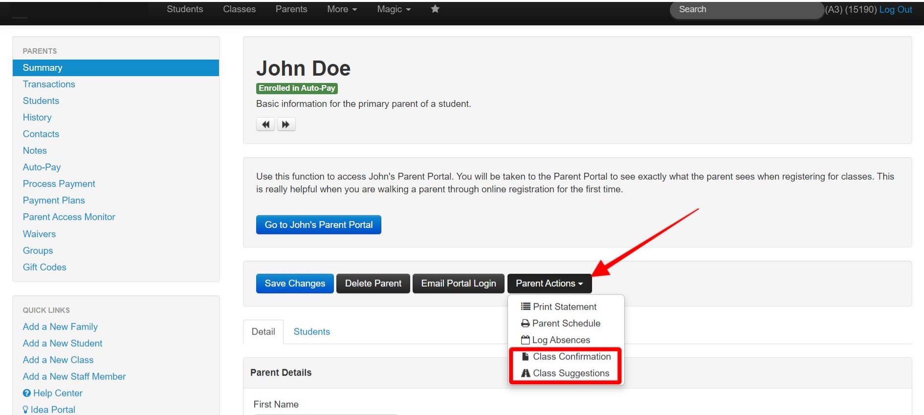 Parent portal interface with menu options.