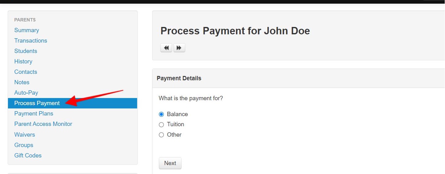 Process Payment page.