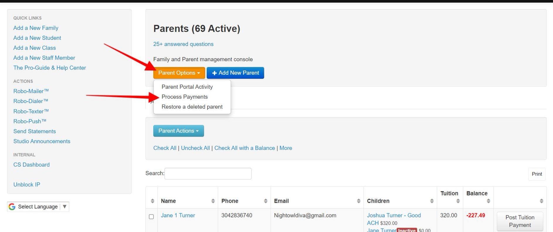 Parents page, Parent Options dropdown.
