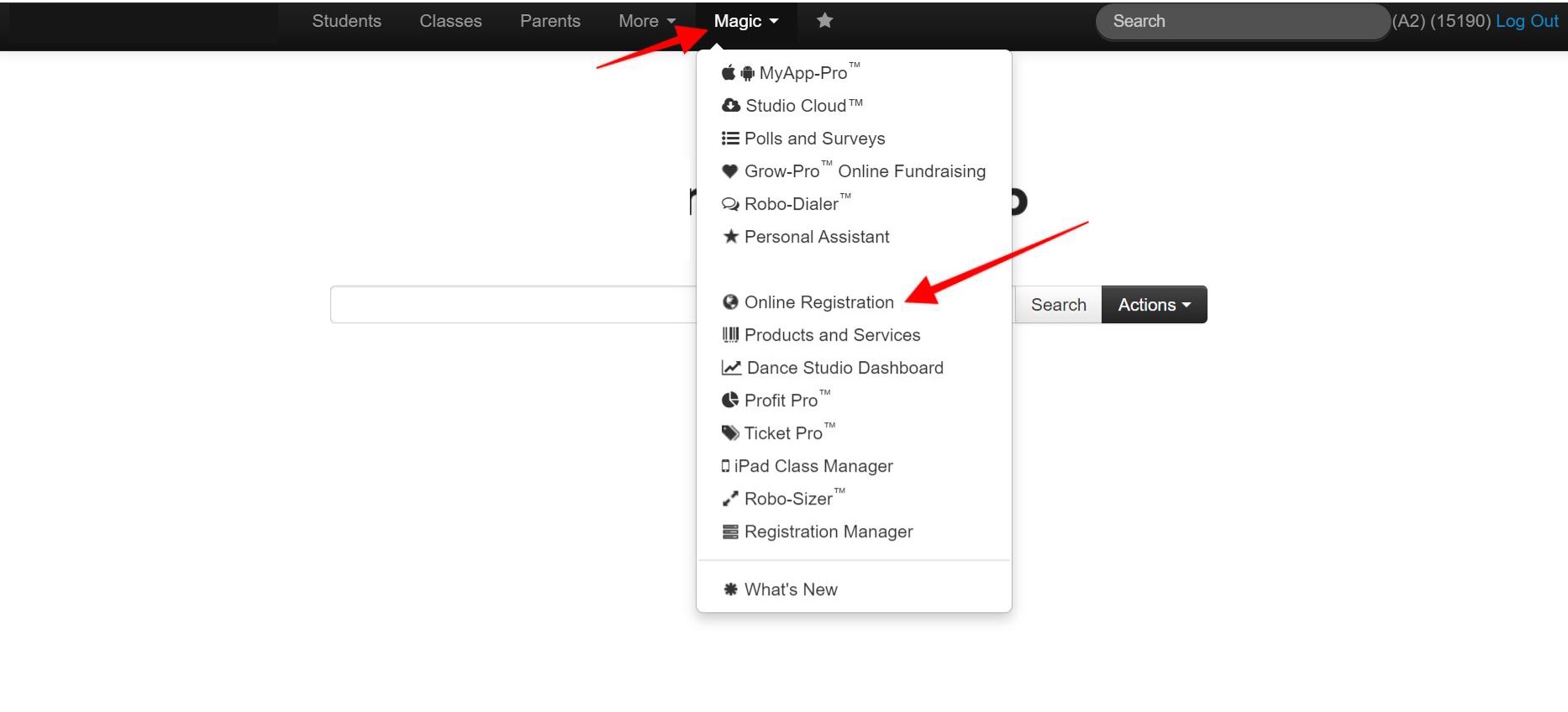 Studio Pro homepage, Magic dropdown menu.