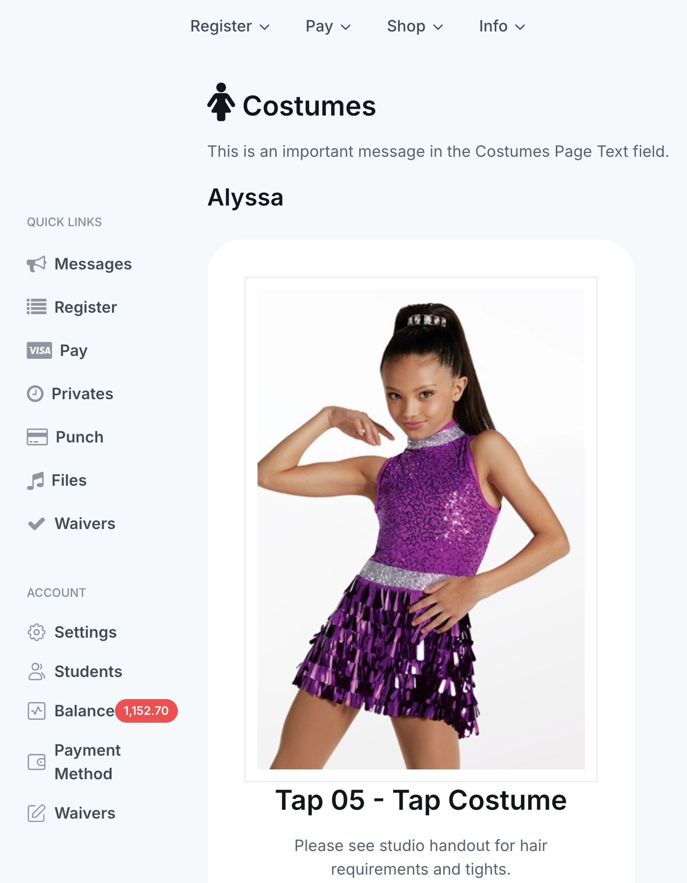 Costumes page in Parent Portal.