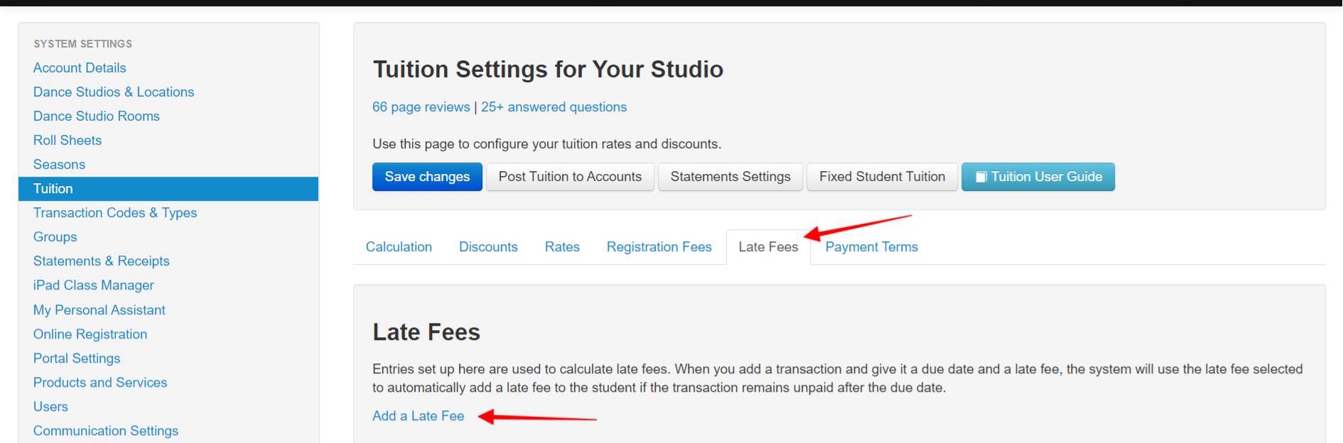 Late Fees tab on Tuition Settings page.