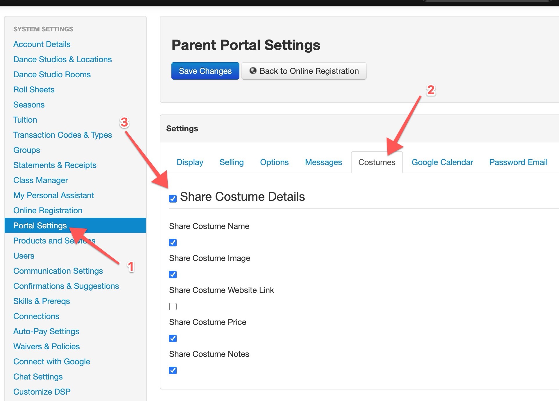 Parent Portal Settings page, Costumes tab.