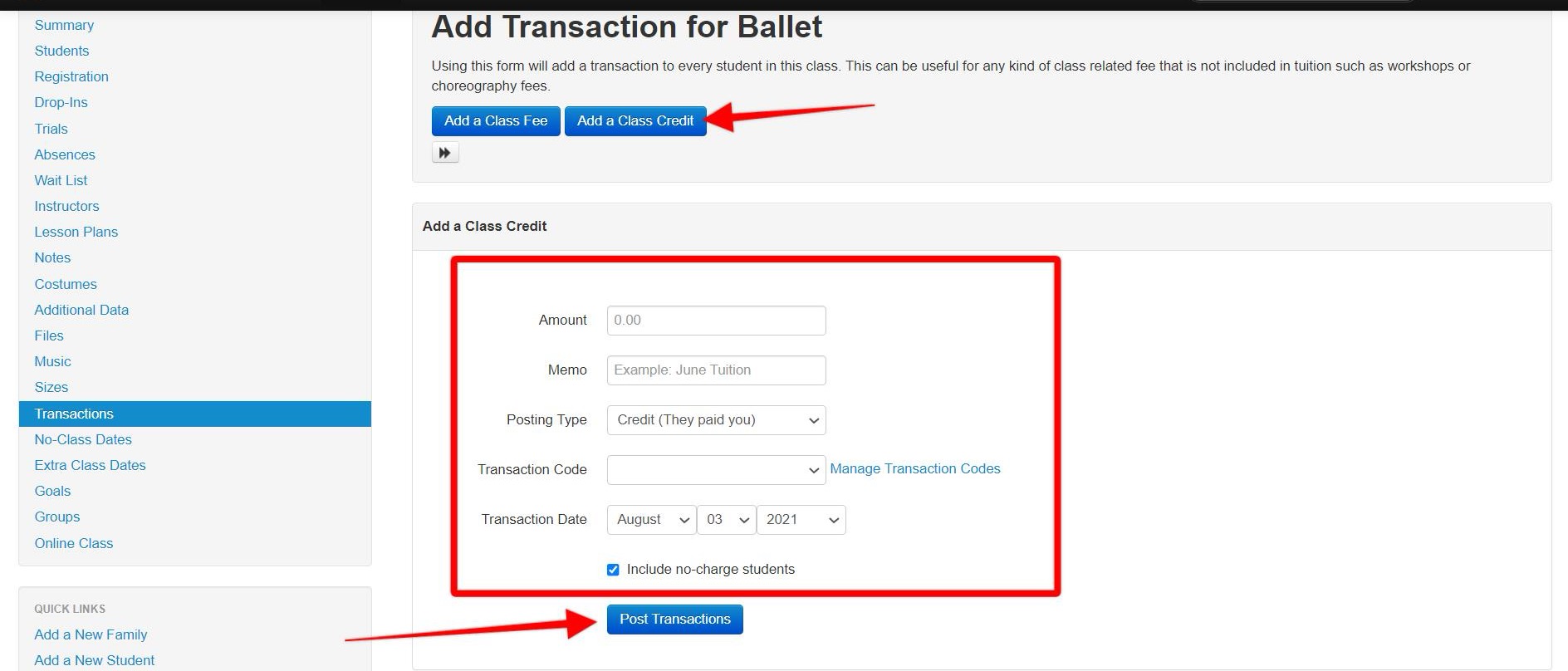 Add transaction form for ballet class.