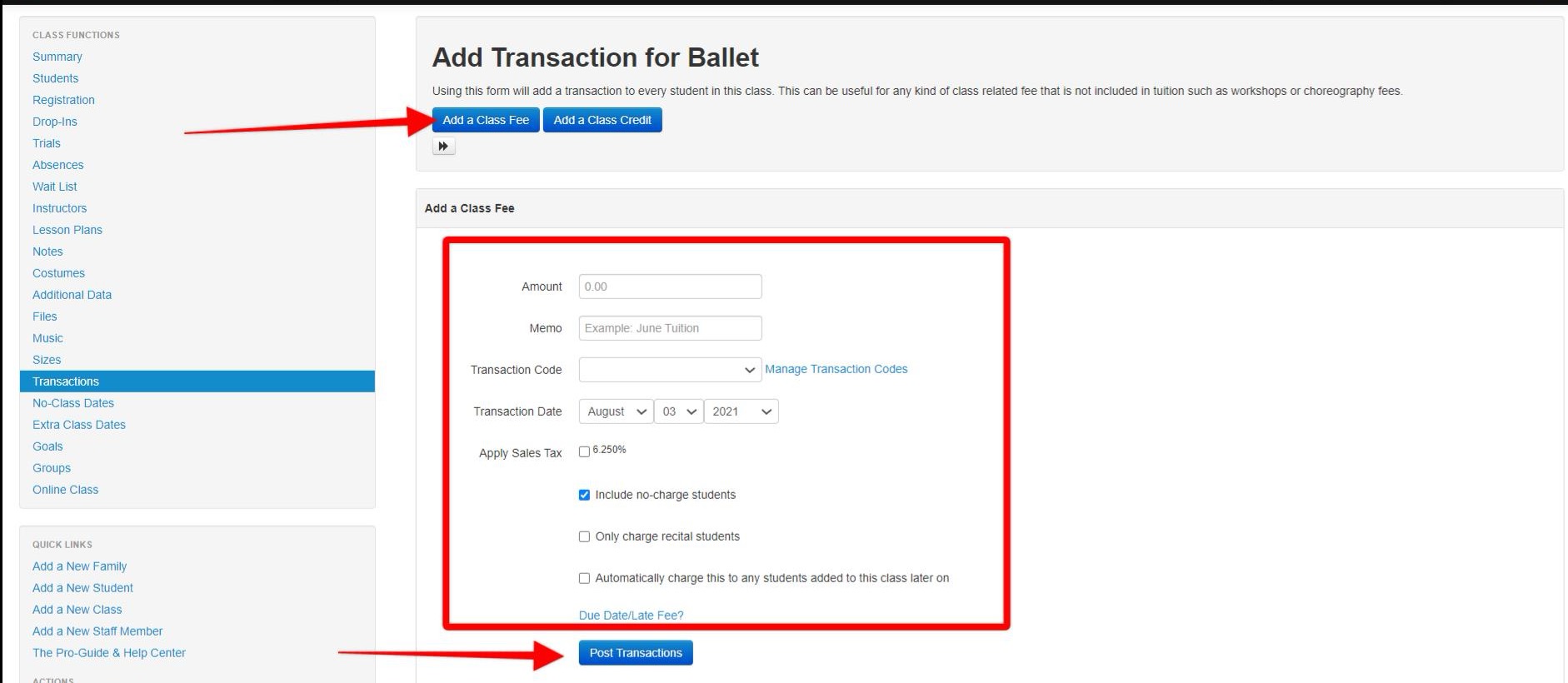 Add Transaction for Ballet form interface