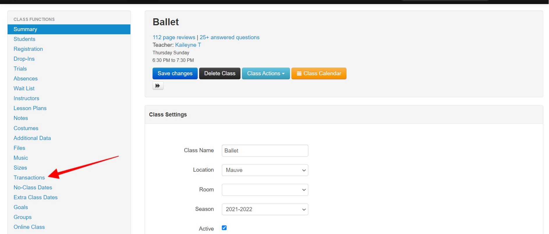 Class management interface with settings.