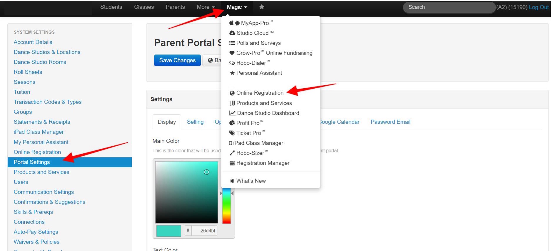 Portal settings menu with dropdown options.