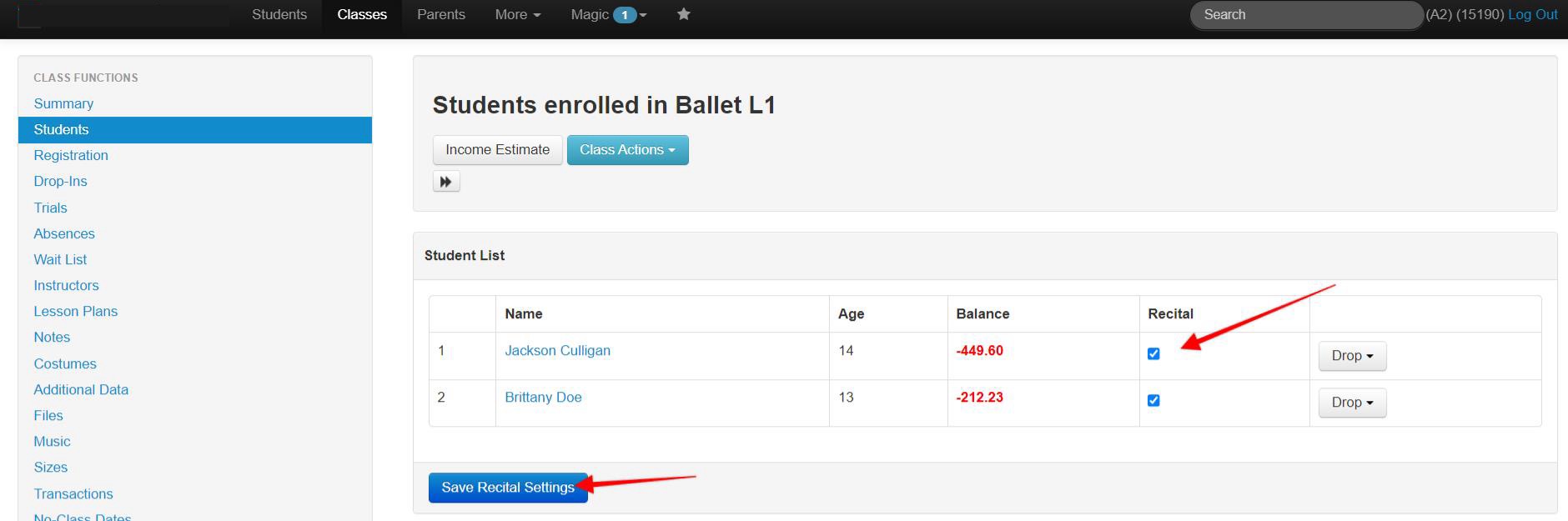 Student list for Ballet L1 class.