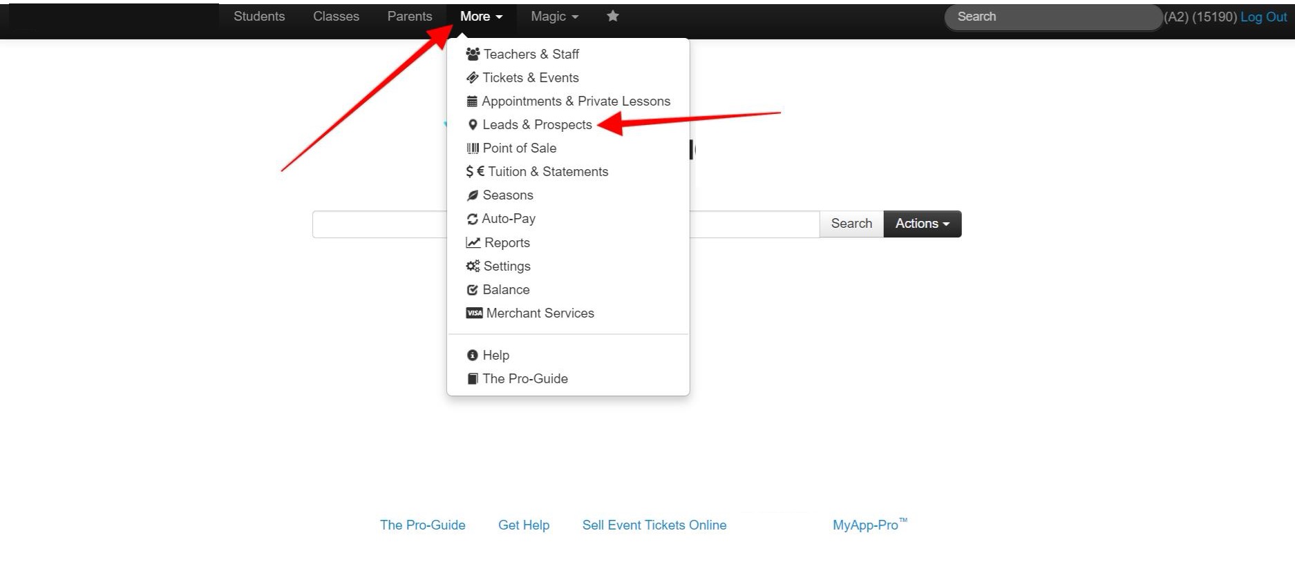 Dropdown menu with various options highlighted.