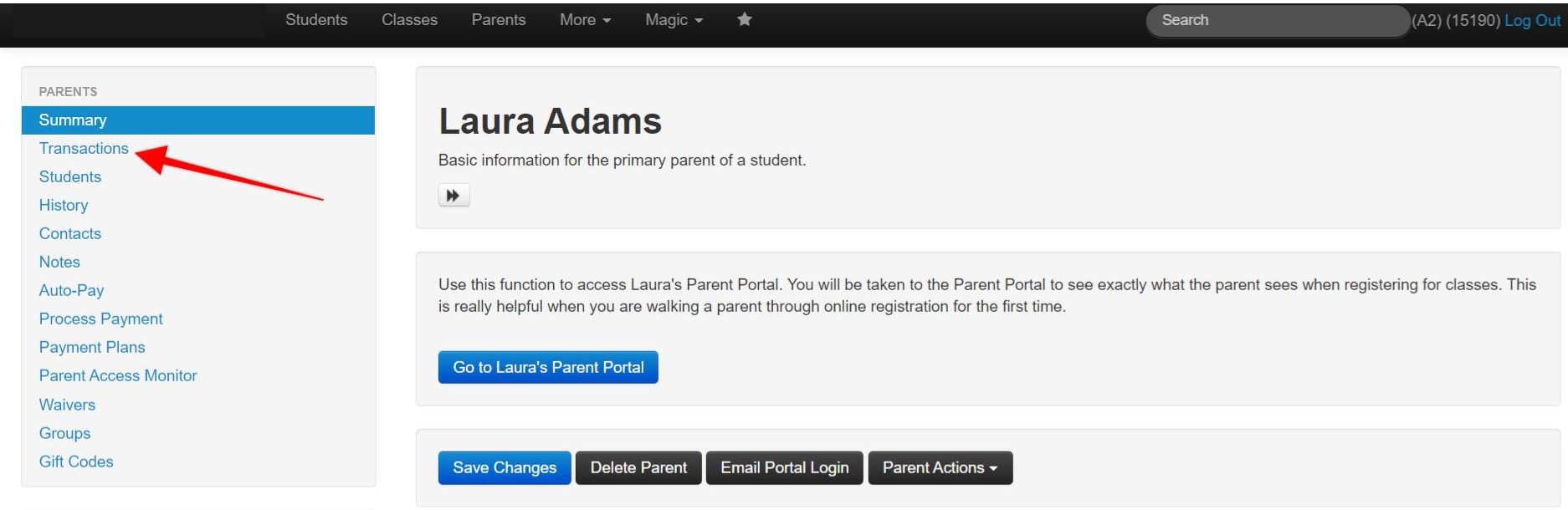 Parent portal interface with menu options.