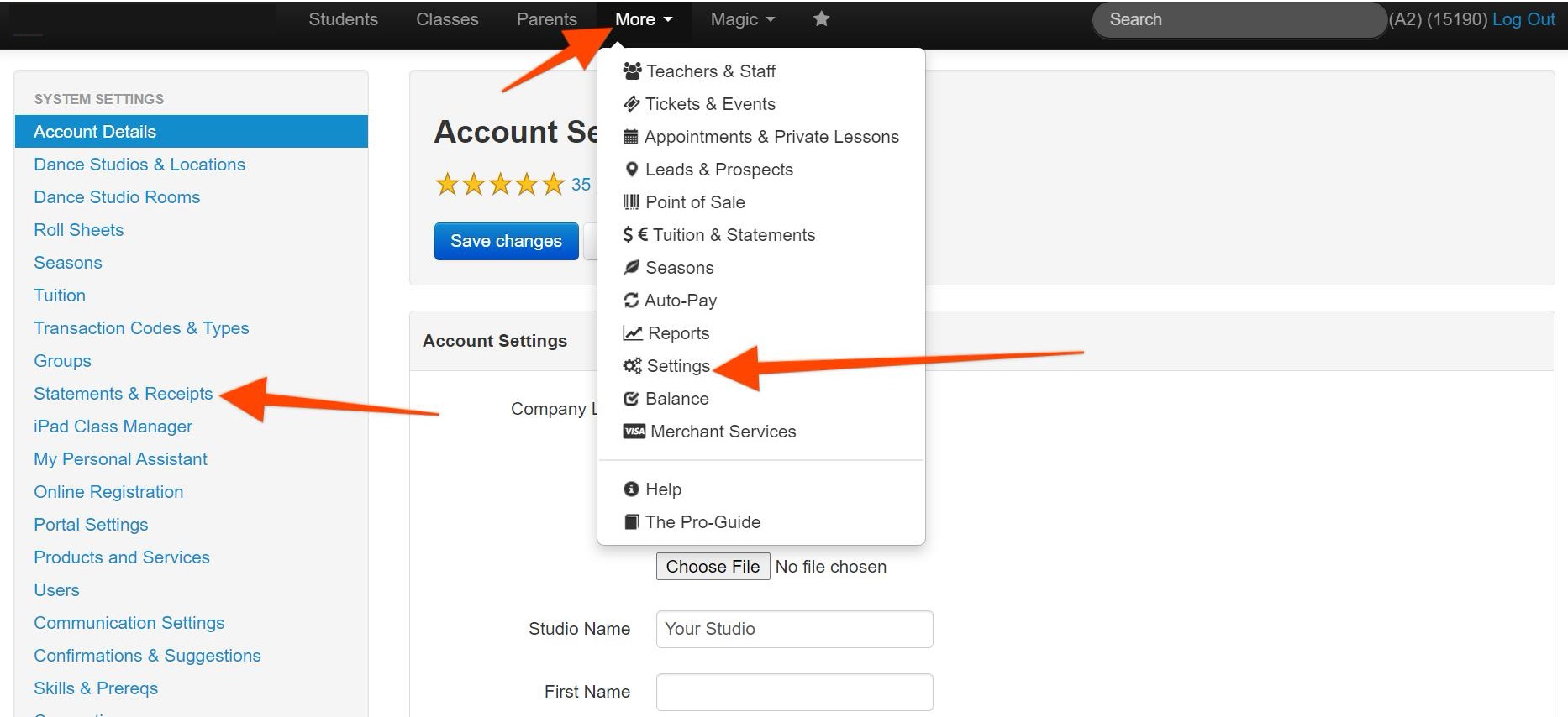 Account settings menu with dropdown options.