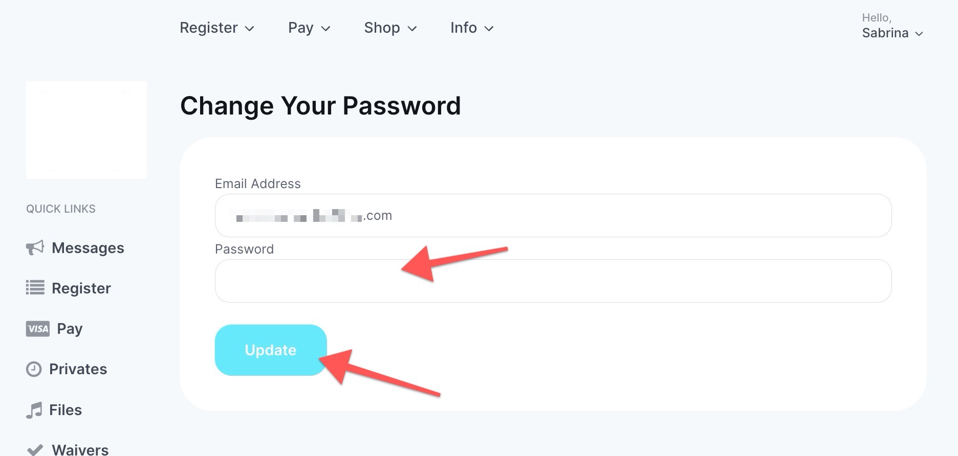 Screenshot of Change Your Password page in example Parent Portal. Red arrows point to Password field, then to Update button.