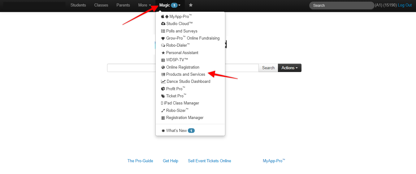Screenshot of Studio Pro homepage. Red arrows point to Magic dropdown menu, then to Products and Services option.