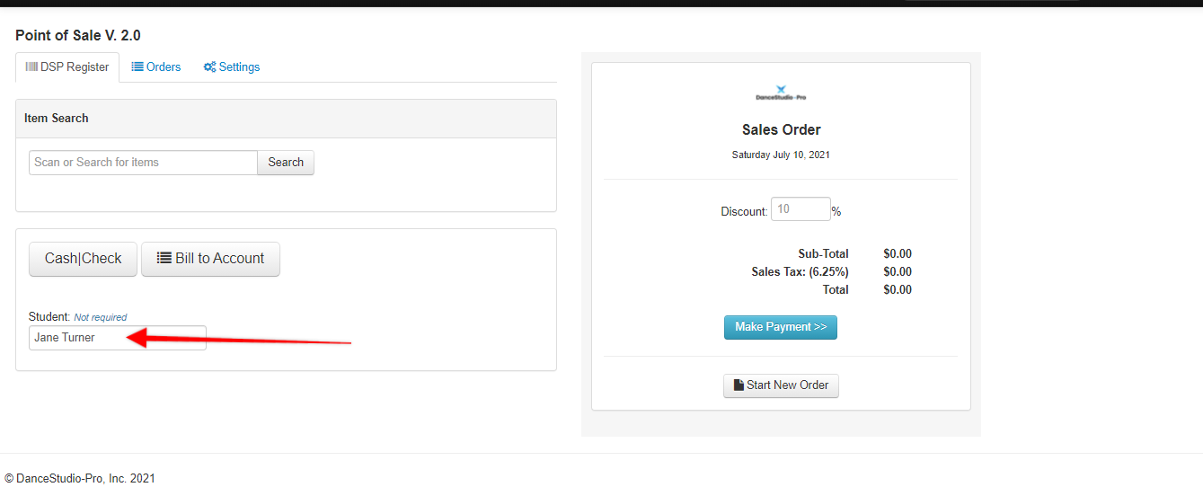 Screenshot of Point of Sale Register tab. Red arrow points to Student Name.