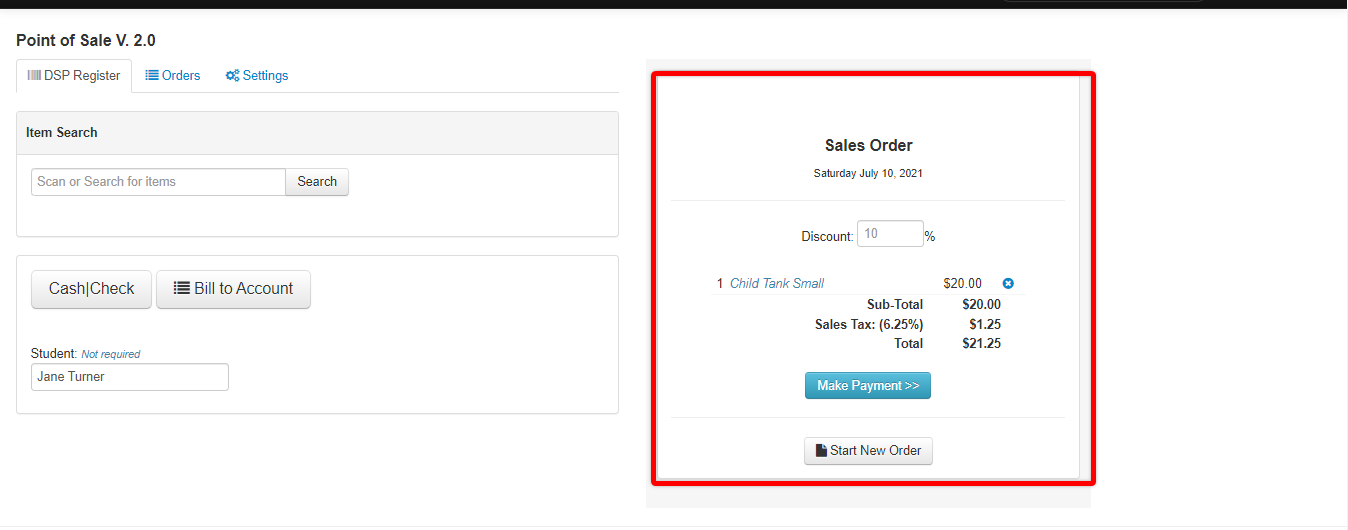 Screenshot of Point of Sale Register tab. Red box around Sales Order section.