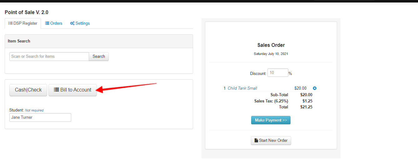 Screenshot of Point of Sale Register tab. Red arrow points to Bill to Account button.