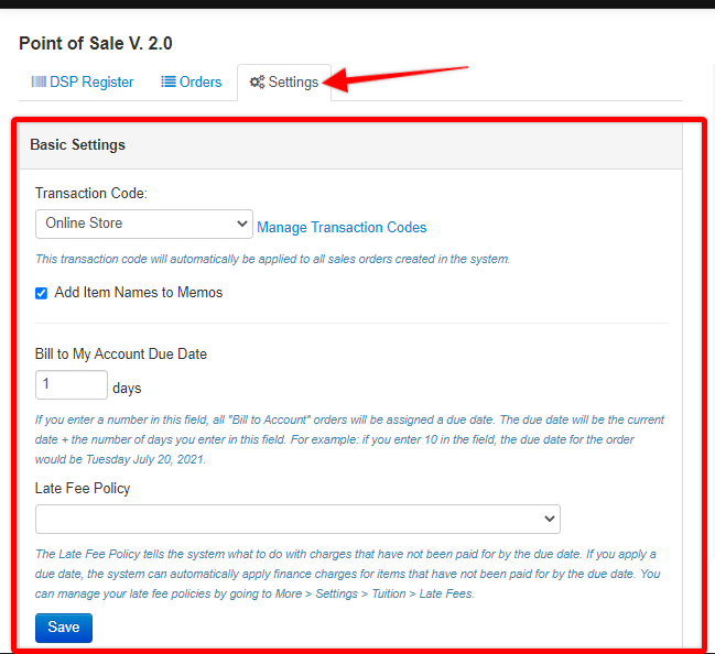 Screenshot of Point of Sale Settings tab. Red box around Basic Settings section.