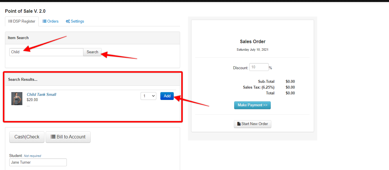 Screenshot of Point of Sale Register tab. Red arrows point to Item Search bar, then to Search button, then to Add button in Search Results section.