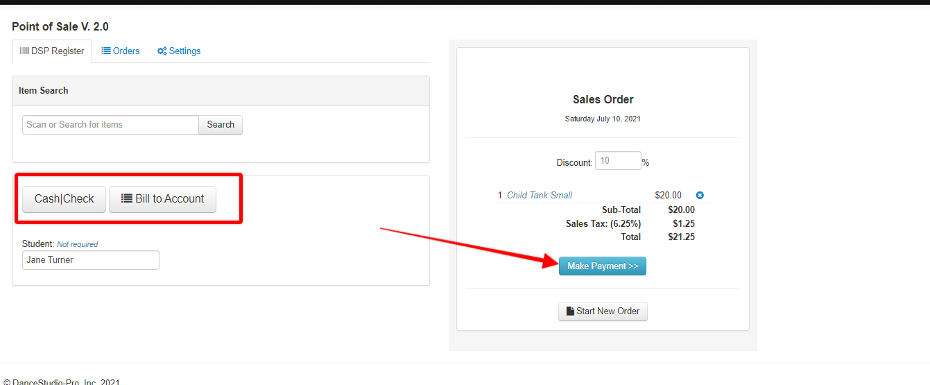 Screenshot of Point of Sale Register tab. Red box around Cash/Check and Bill to Account buttons. Red arrow points to Make Payment button.