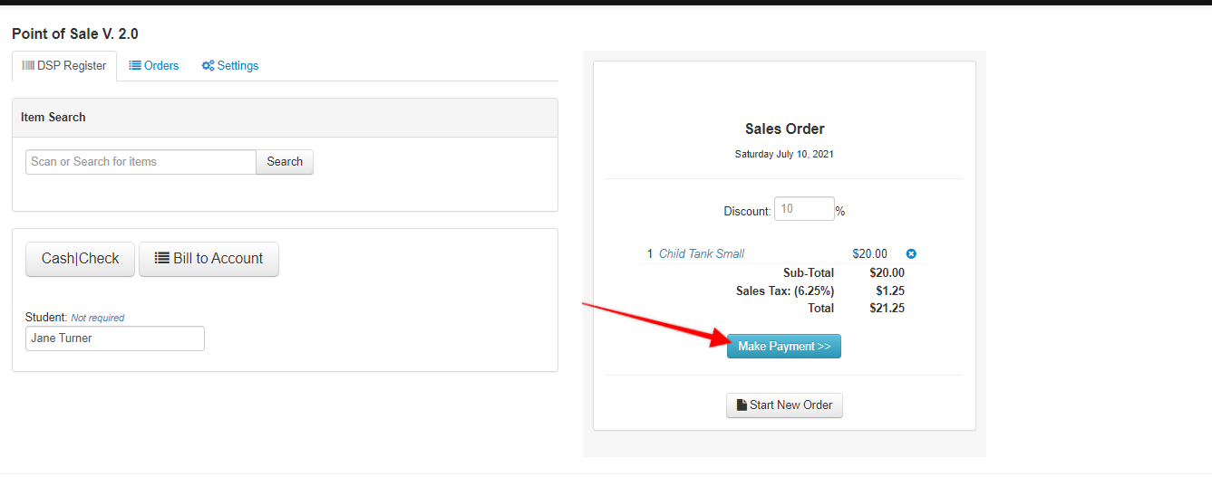Screenshot of Point of Sale Register tab. Red arrow points to Make Payment button.