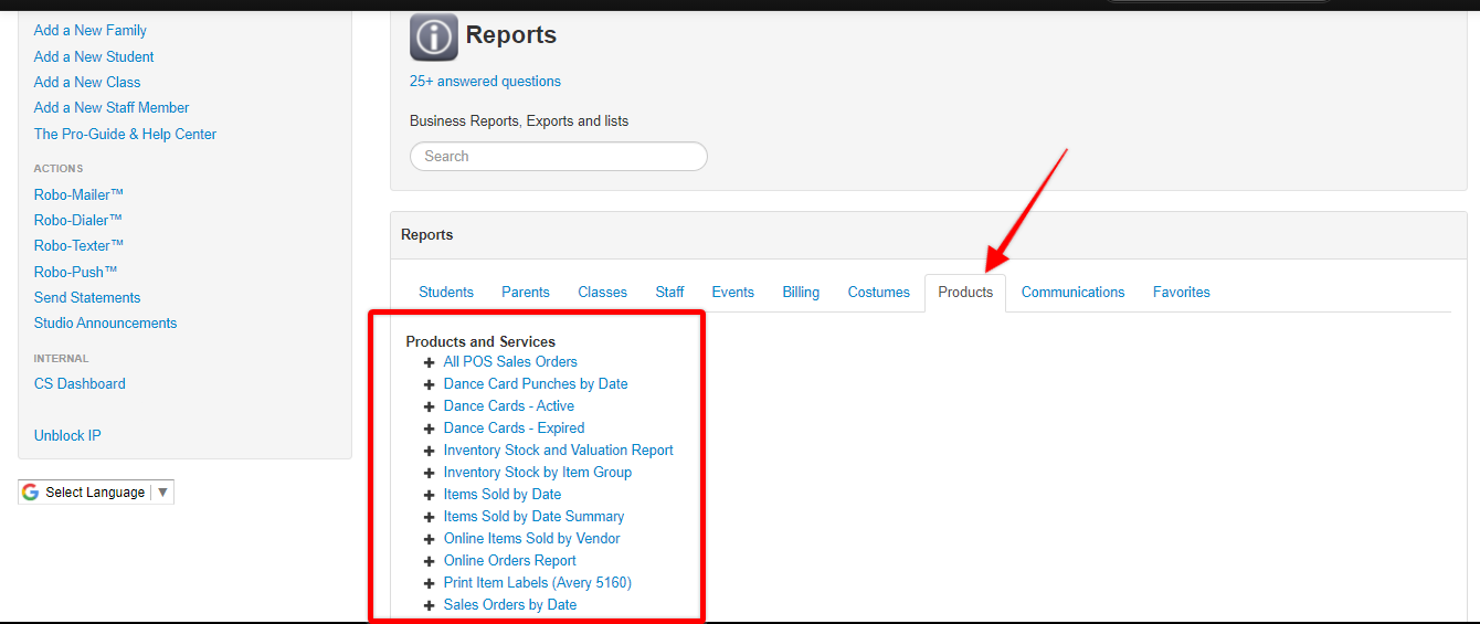 Screenshot of Reports screen. Red arrow points to Products tab. Red box around Products and Services section of Products tab.