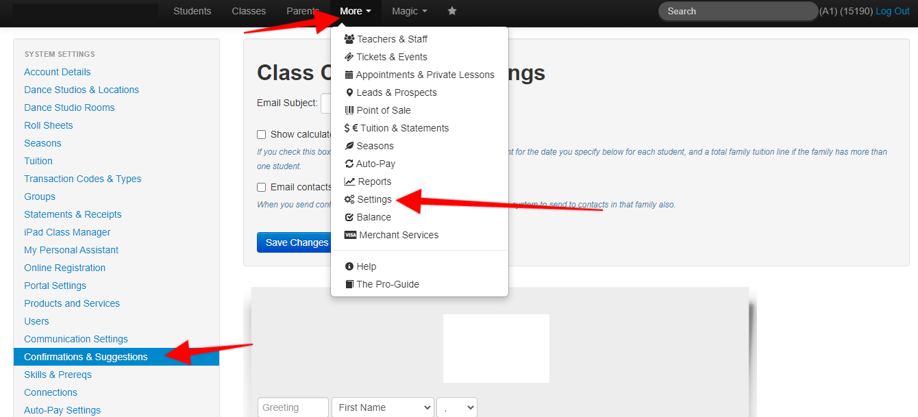 Screenshot of Studio Pro Class Confirmation Settings page. Red arrows point to More in top navigation bar, then to Settings option, then to Confirmations and Suggestions in left-hand navigation bar.