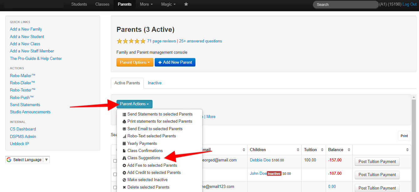 Screenshot of Parents page. Red arrows point to Parent Actions button, then to Class Suggestions option.