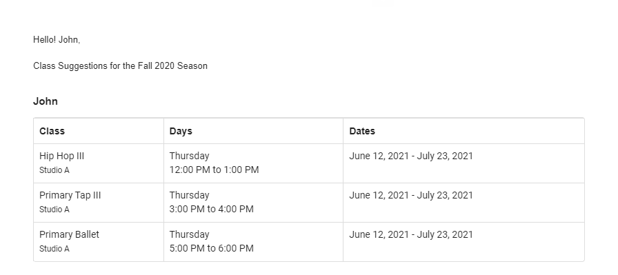 Screenshot of email with automatic suggestions template.