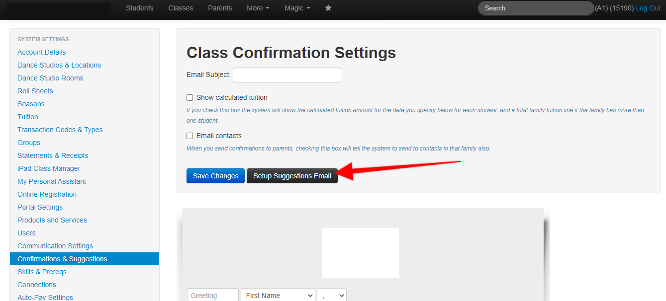 Screenshot of Class Confirmation Settings page. Red arrow points to Setup Suggestions Email button.