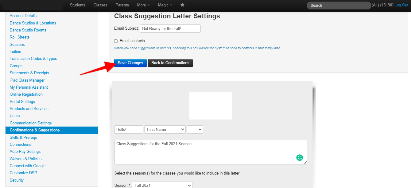 Screenshot of Class Confirmation Settings page. Red arrow points to Save Changes button.
