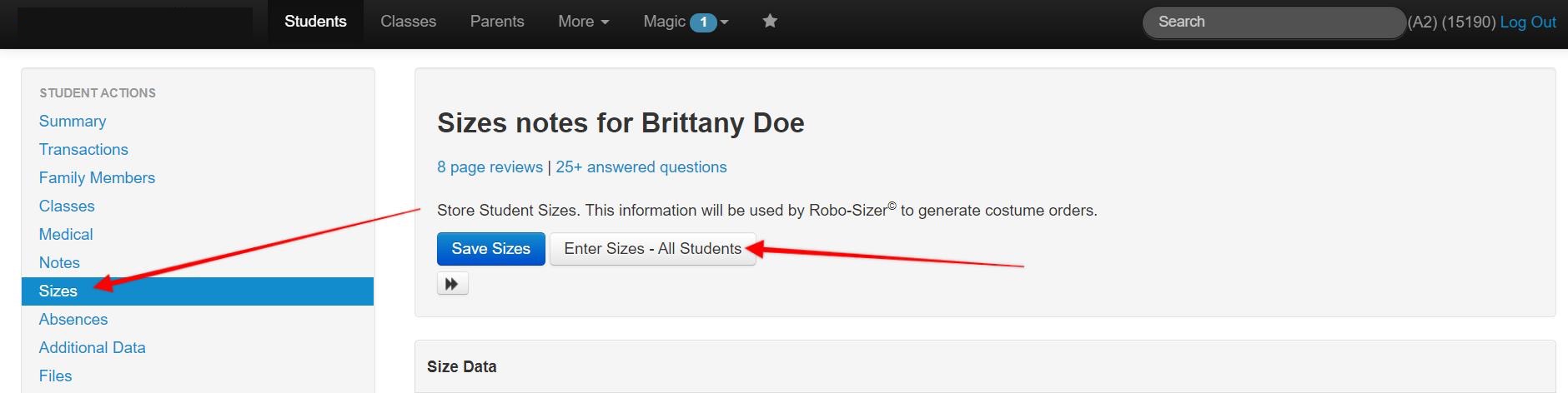 Student sizes entry page interface.