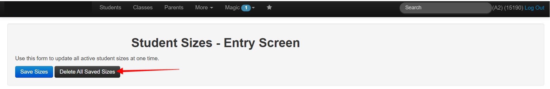 Student Sizes Entry Screen interface