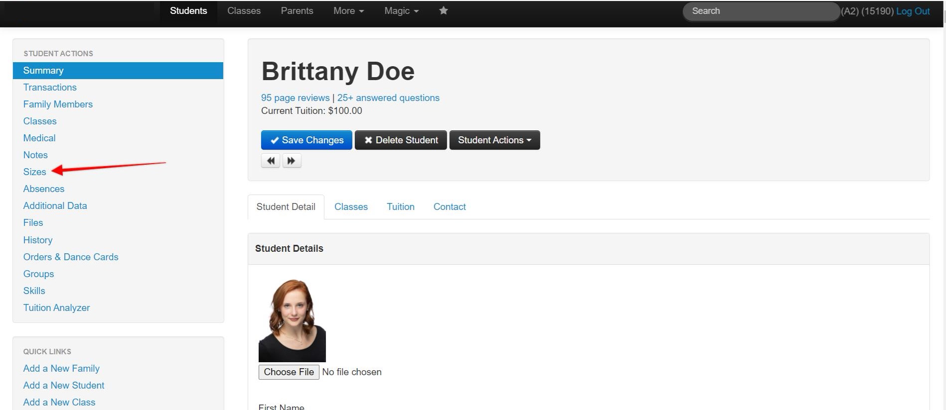 Student profile management interface.