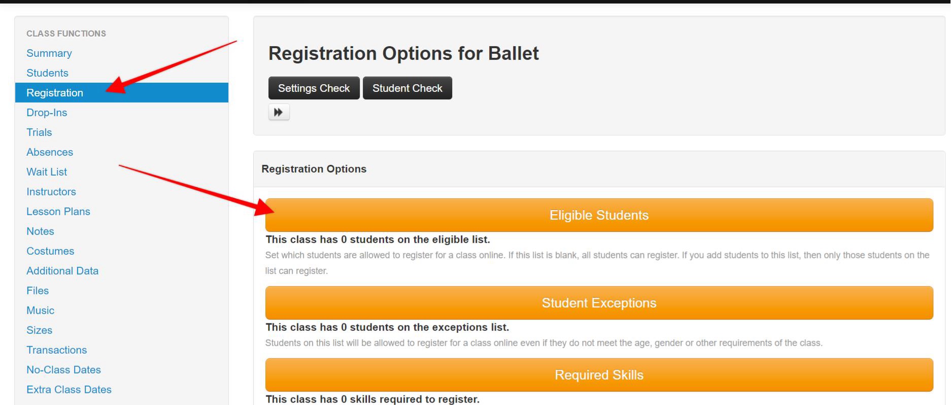 Registration options for ballet class.