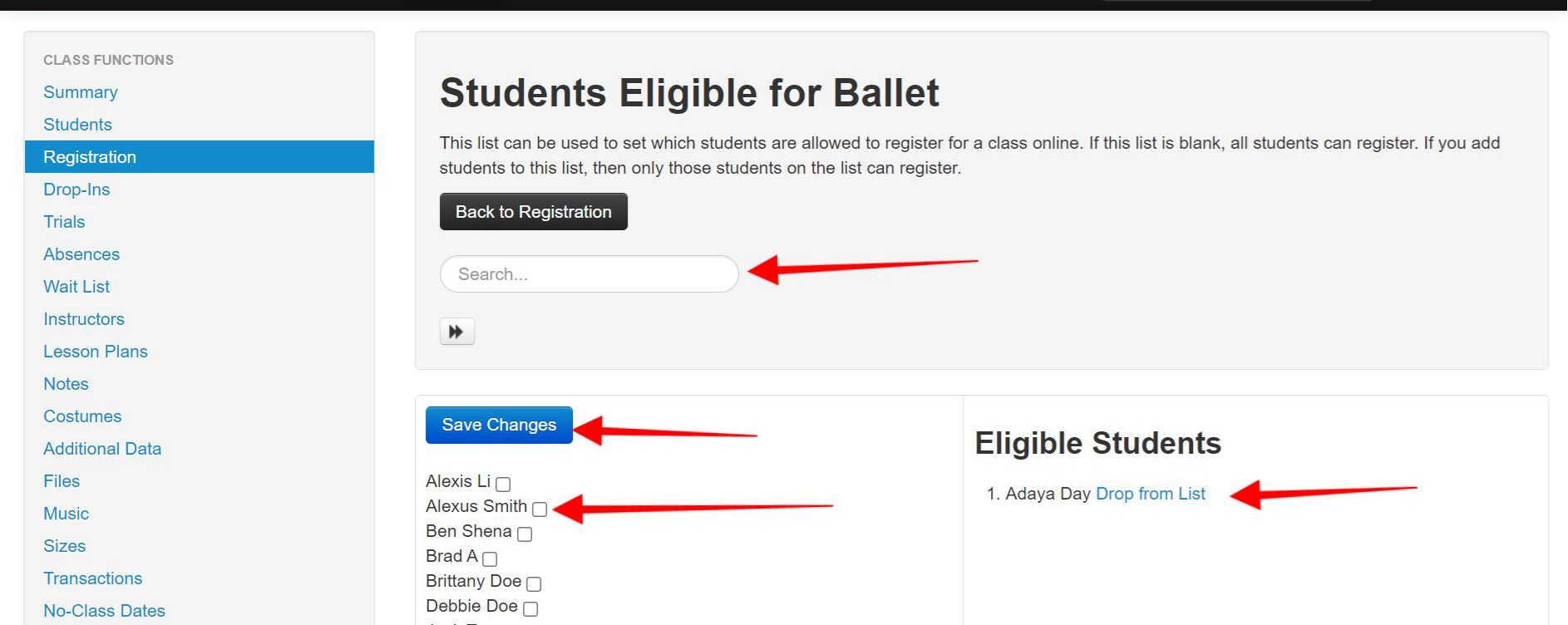 Student registration interface screenshot.