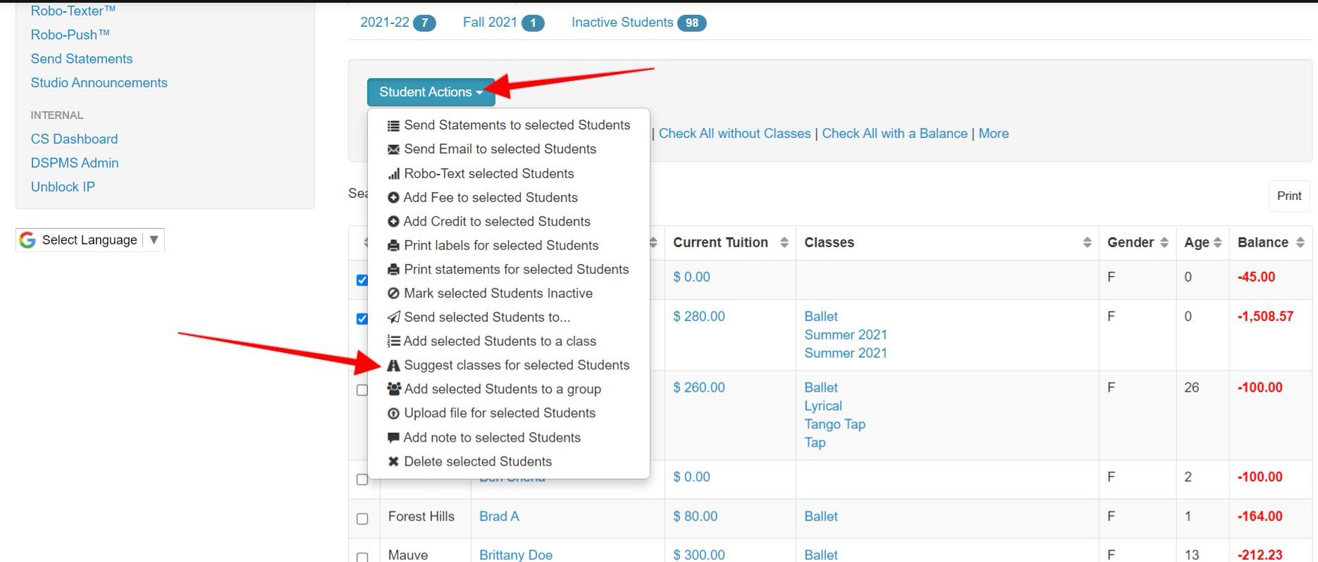 Student actions dropdown menu on a webpage.