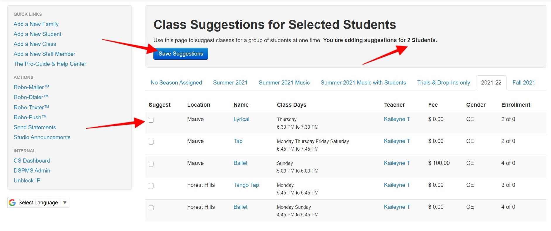 Class suggestions interface with options.