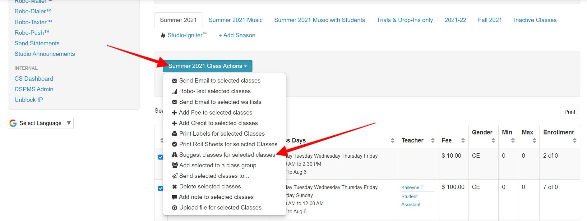 Dropdown menu for class actions