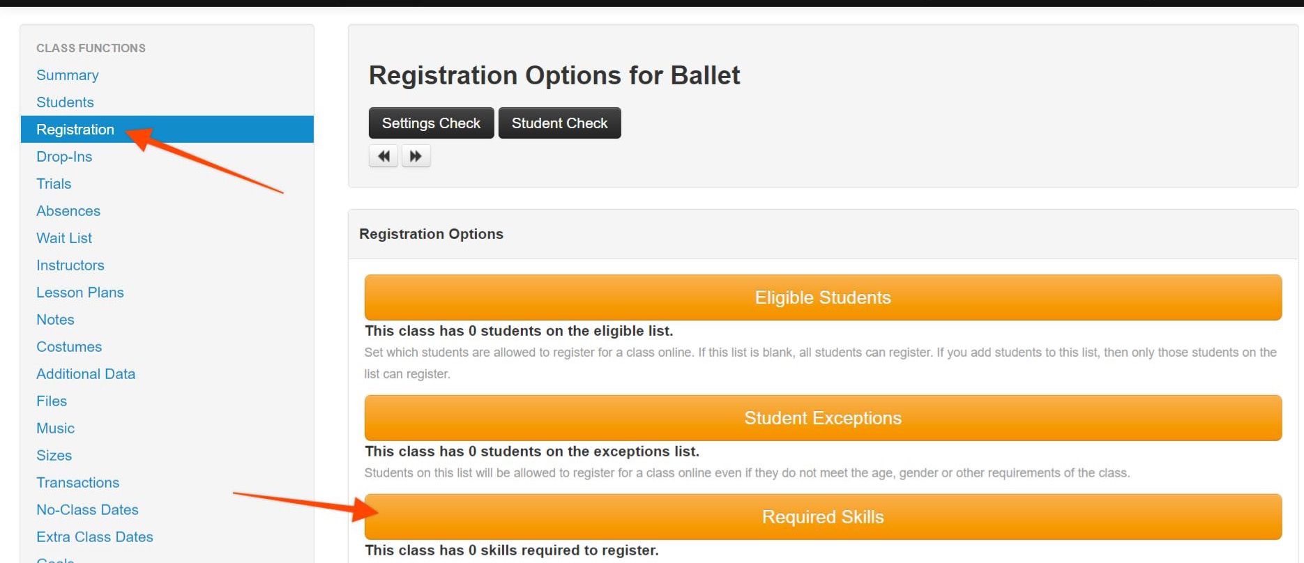 Registration options for ballet class interface.