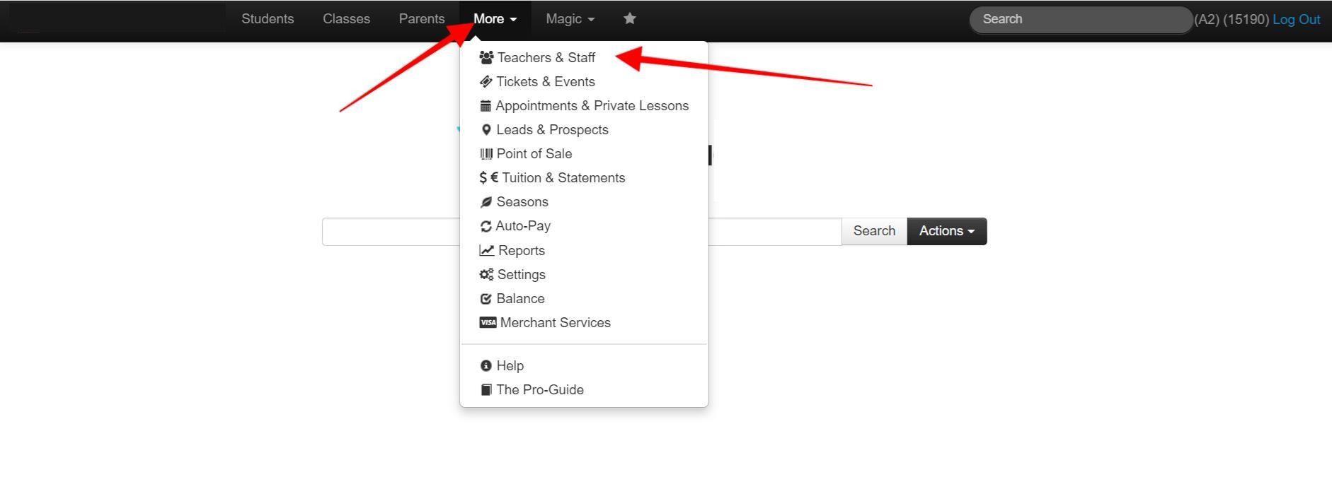 Dropdown menu with various options.