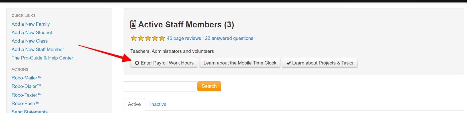 Active Staff Members page with quick links.