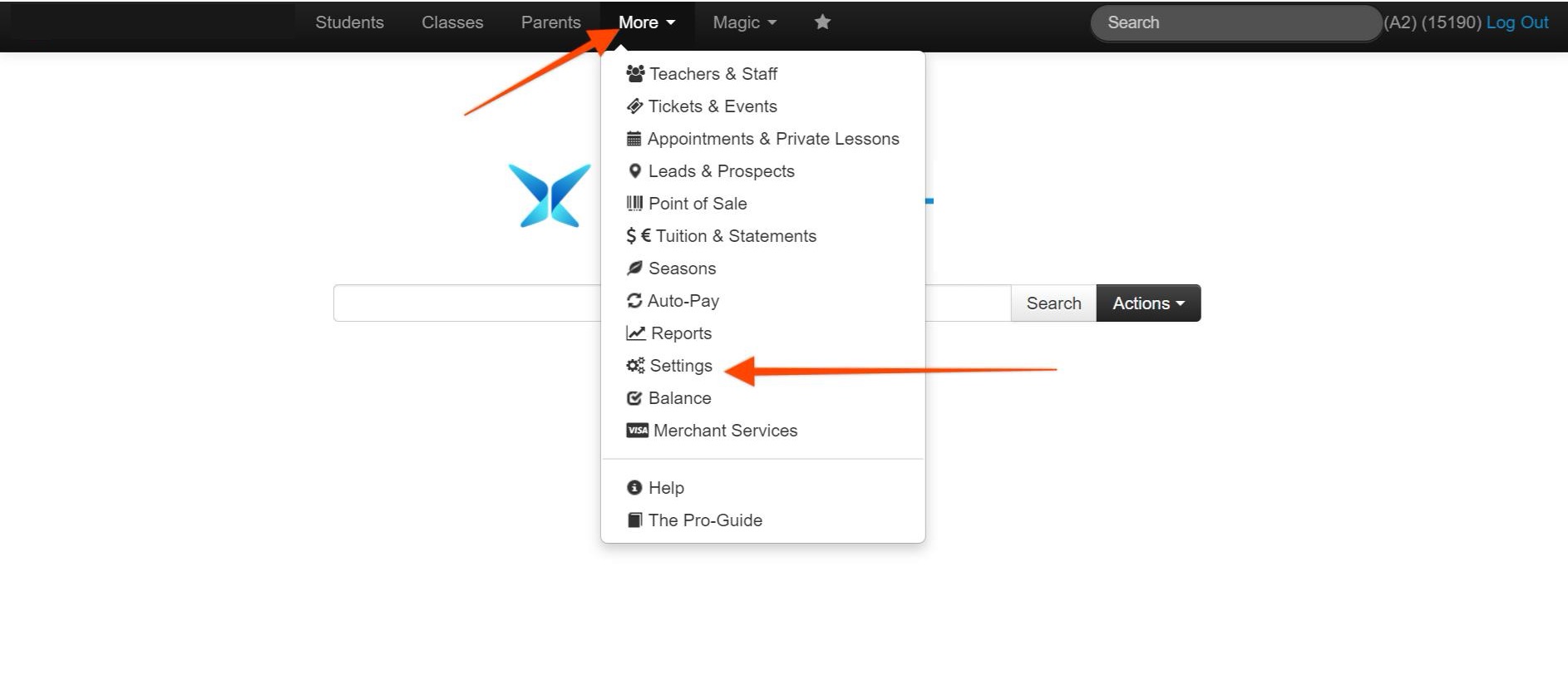 Dropdown menu with settings option highlighted.