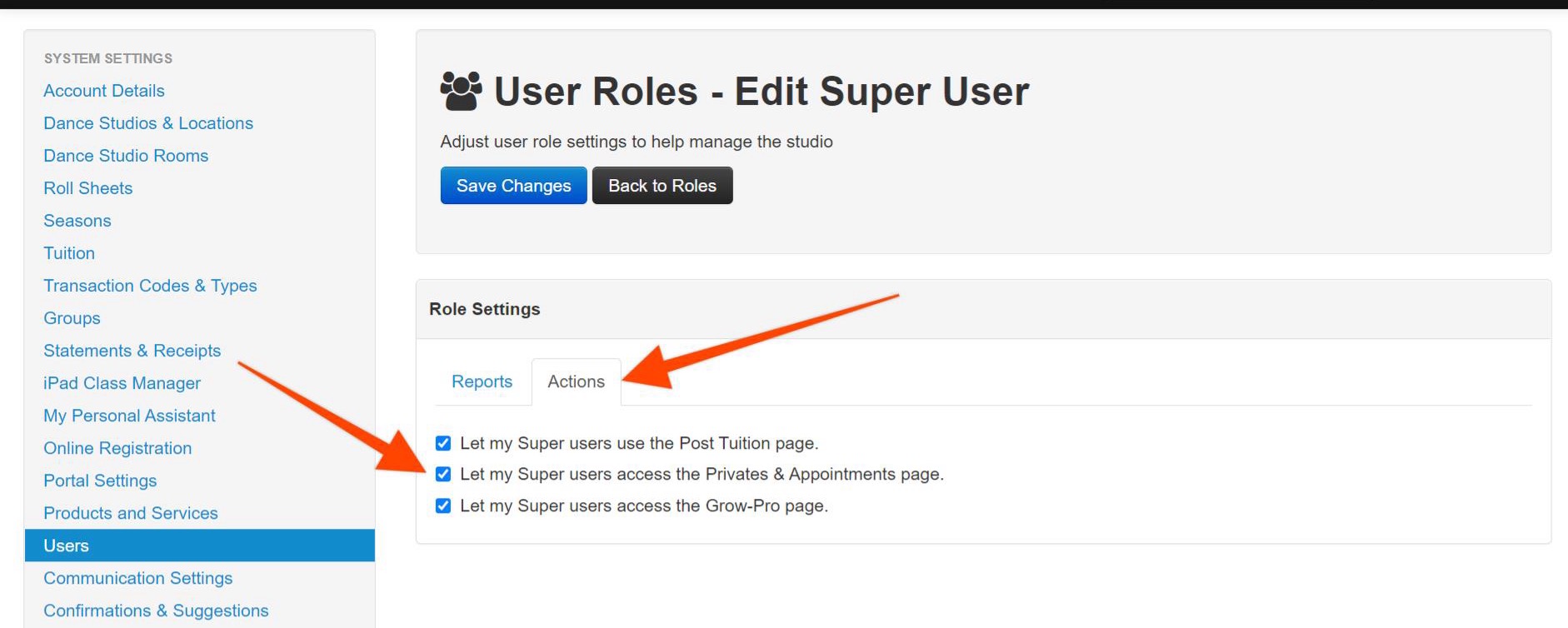 User role settings page with options selected.