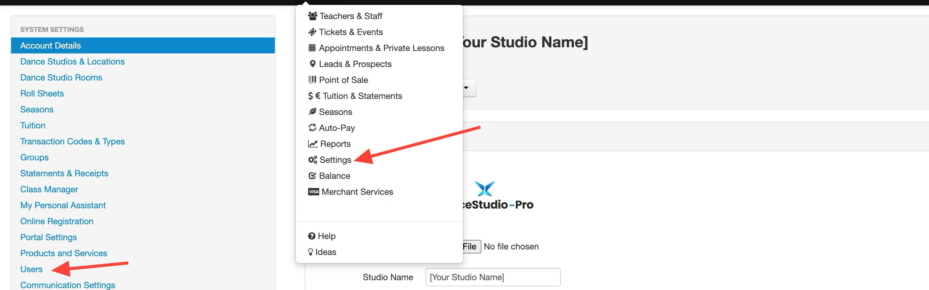 Settings menu with options highlighted