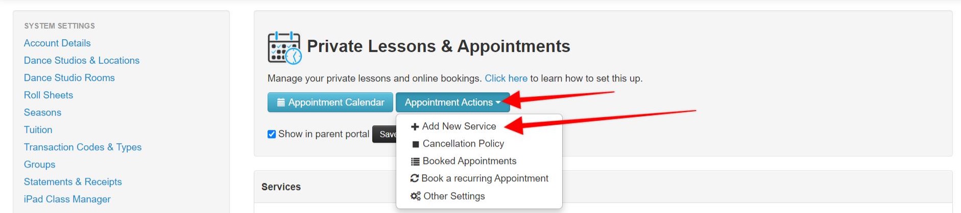 Appointment actions dropdown menu