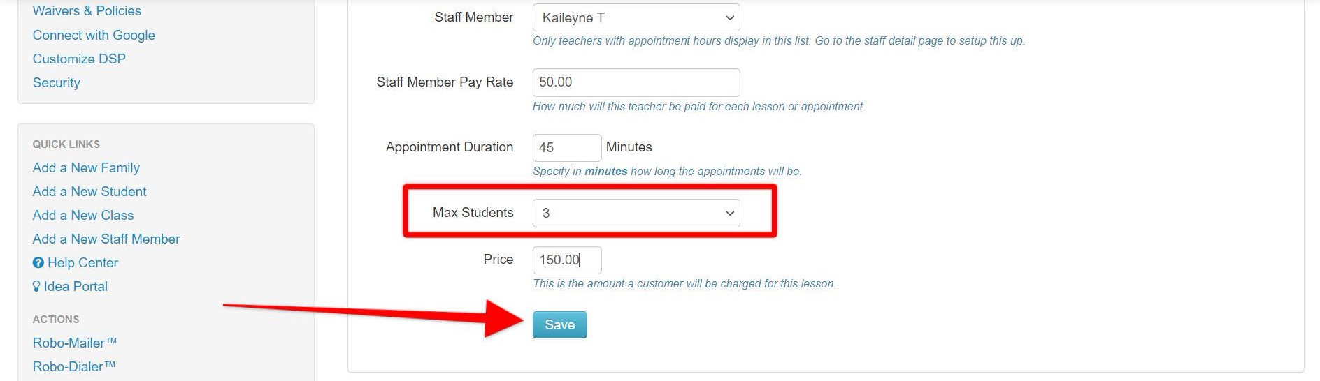 Settings form with 'Save' button highlighted.