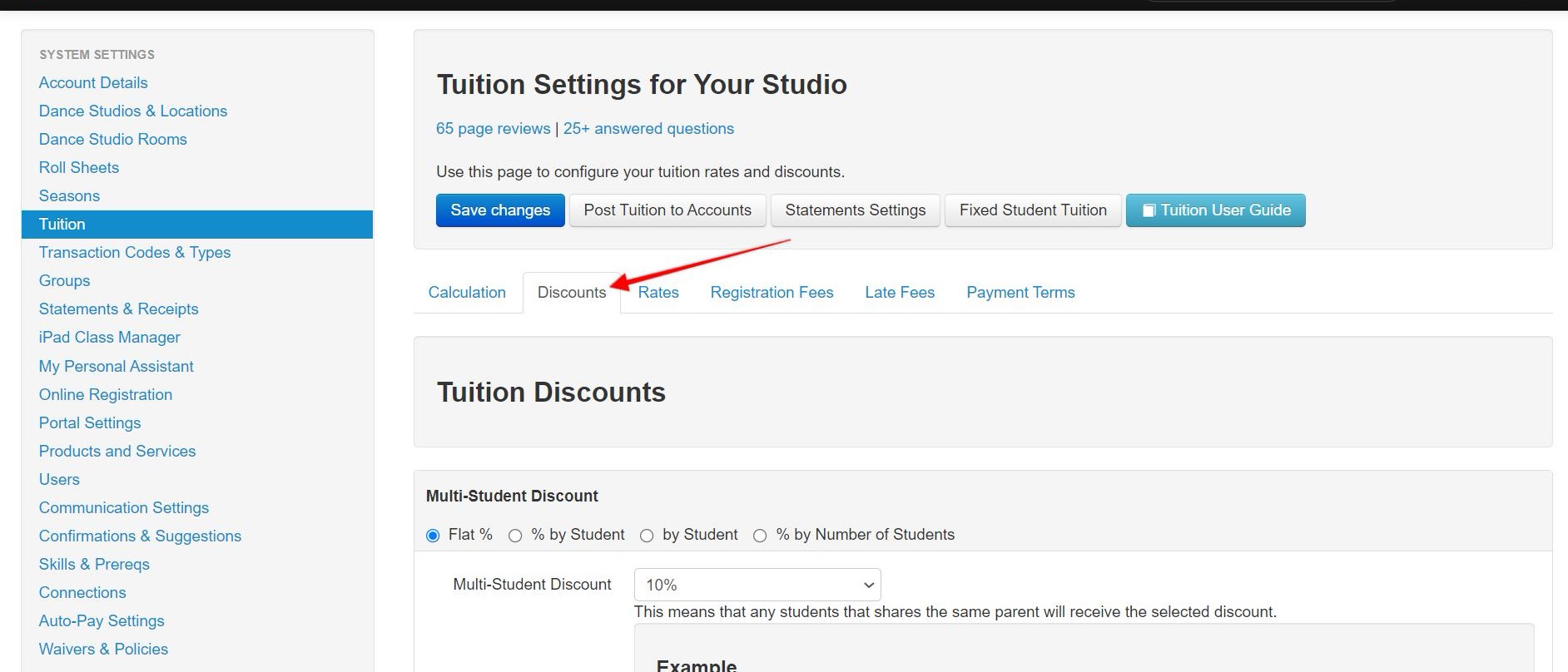 Screenshot of Tuition page. Red arrow points to Discounts tab.