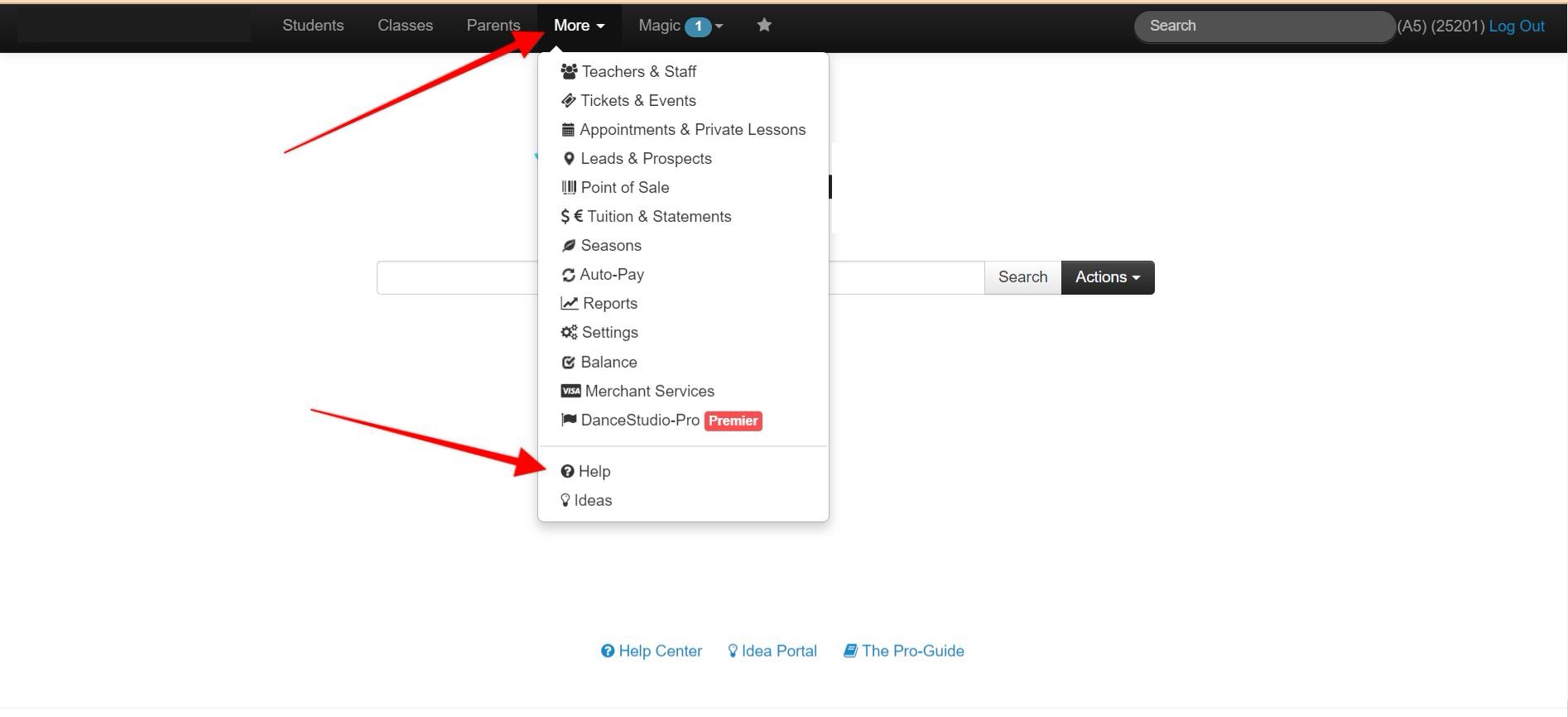 Screenshot of Studio Pro homepage. Red arrows point to More in the top navigation bar, then to Help option.